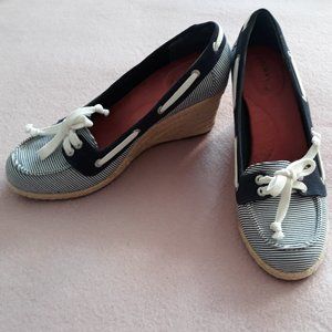 Sperry Womens' Wedge-Heeled Shoes "Clarens", Blue/White Nautical Stripe, Sz. 8M